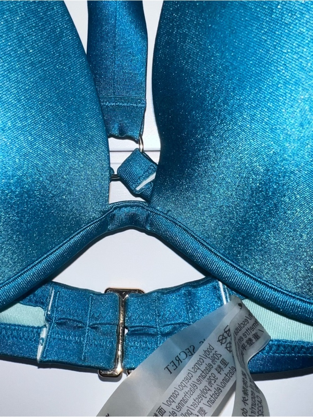 Victoria’s Secret Shine Strap Bombshell Push Up Swim Top 34D Teal Logo Bling GUC - Picture 4 of 9